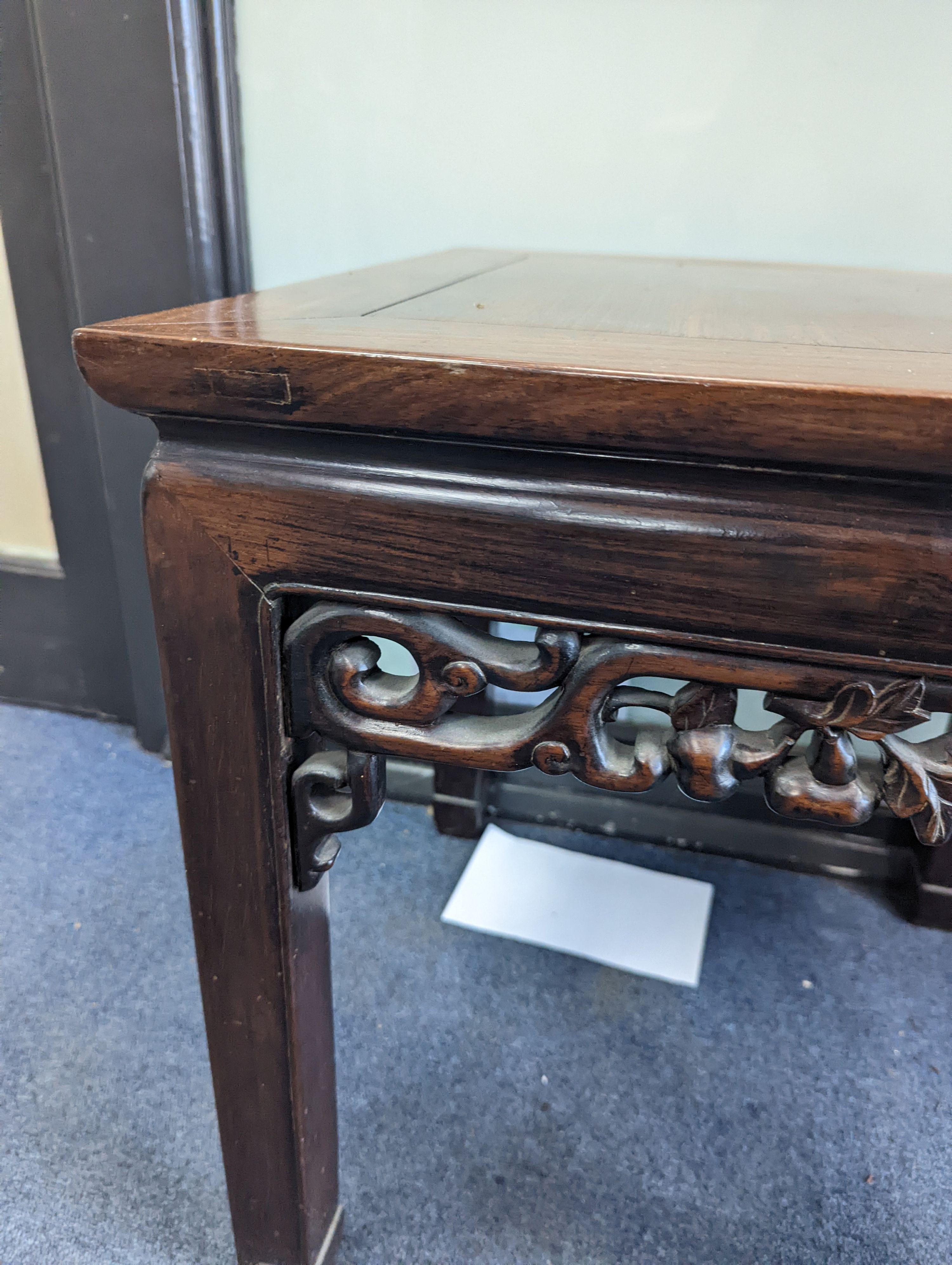 A pair of Chinese hardwood square top tables, 48cm, height 51cm